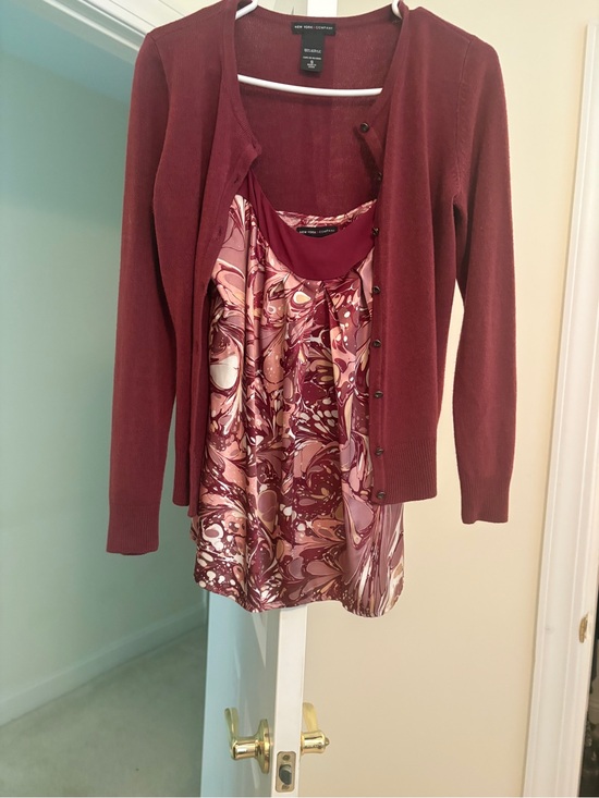 New York & Company Sweaters - New York & Company Burgundy Cardigan with Pink Marble Tank